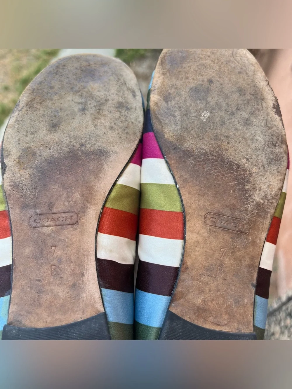Vintage Y2K Coach Legacy Striped Satin Ballet Flats with a Small Bow Detail.
